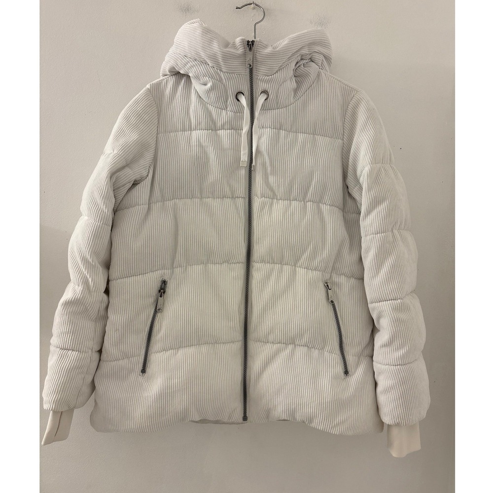 Sam Edelman Women Cream White Corduroy Hooded Puffer Coat Jacket Size XS